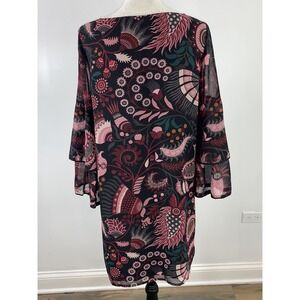 Ann Taylor Loft Floral Geometric Layer Bell Sleeve Shift Dress Sz S Burgundy NWT